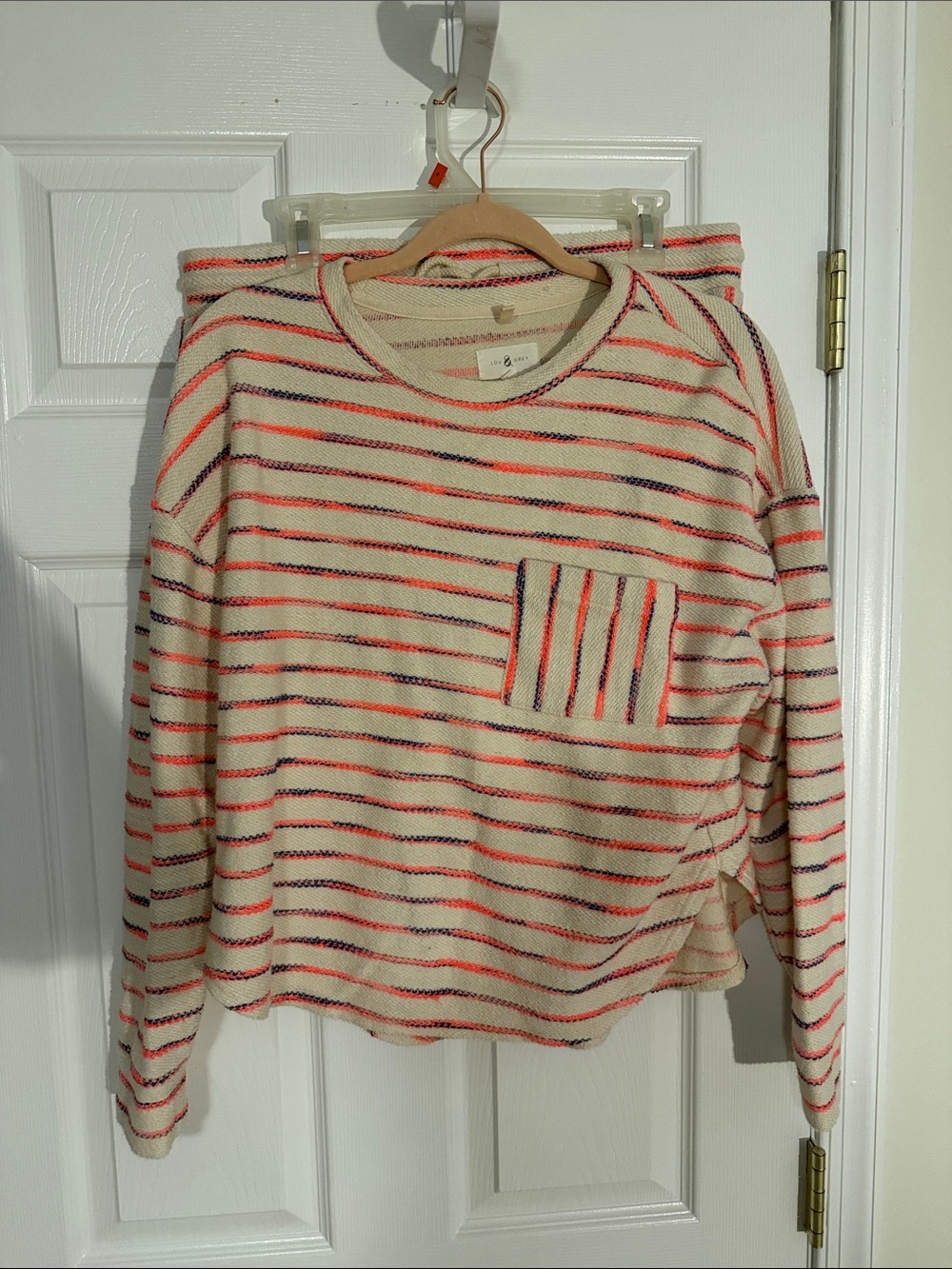 Striped Crewneck Pocket Sweatshirt and shorts- Cream with Coral & Navy Stripes